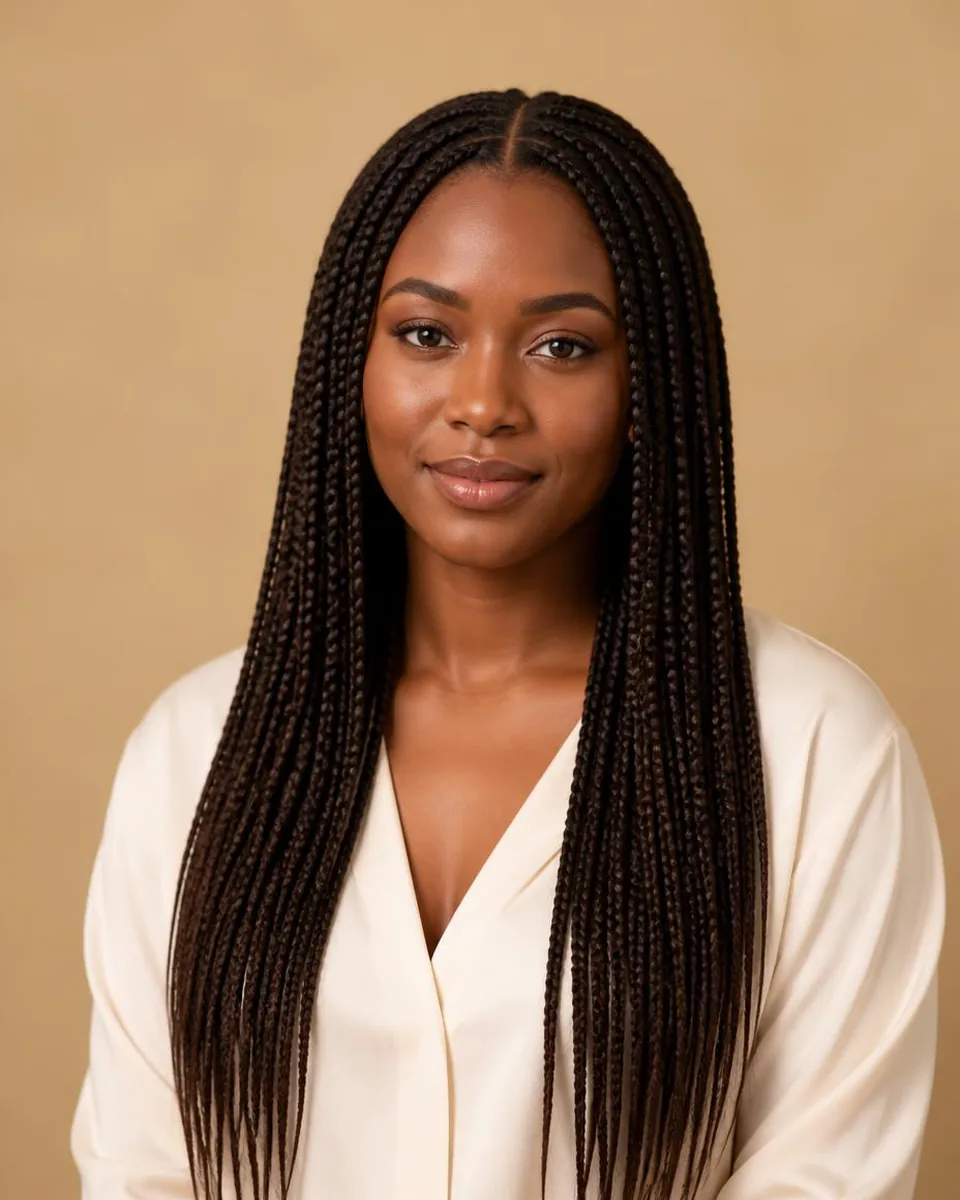 Woman with dark brown box braids with defined sections, wearing a warm ivory blouse