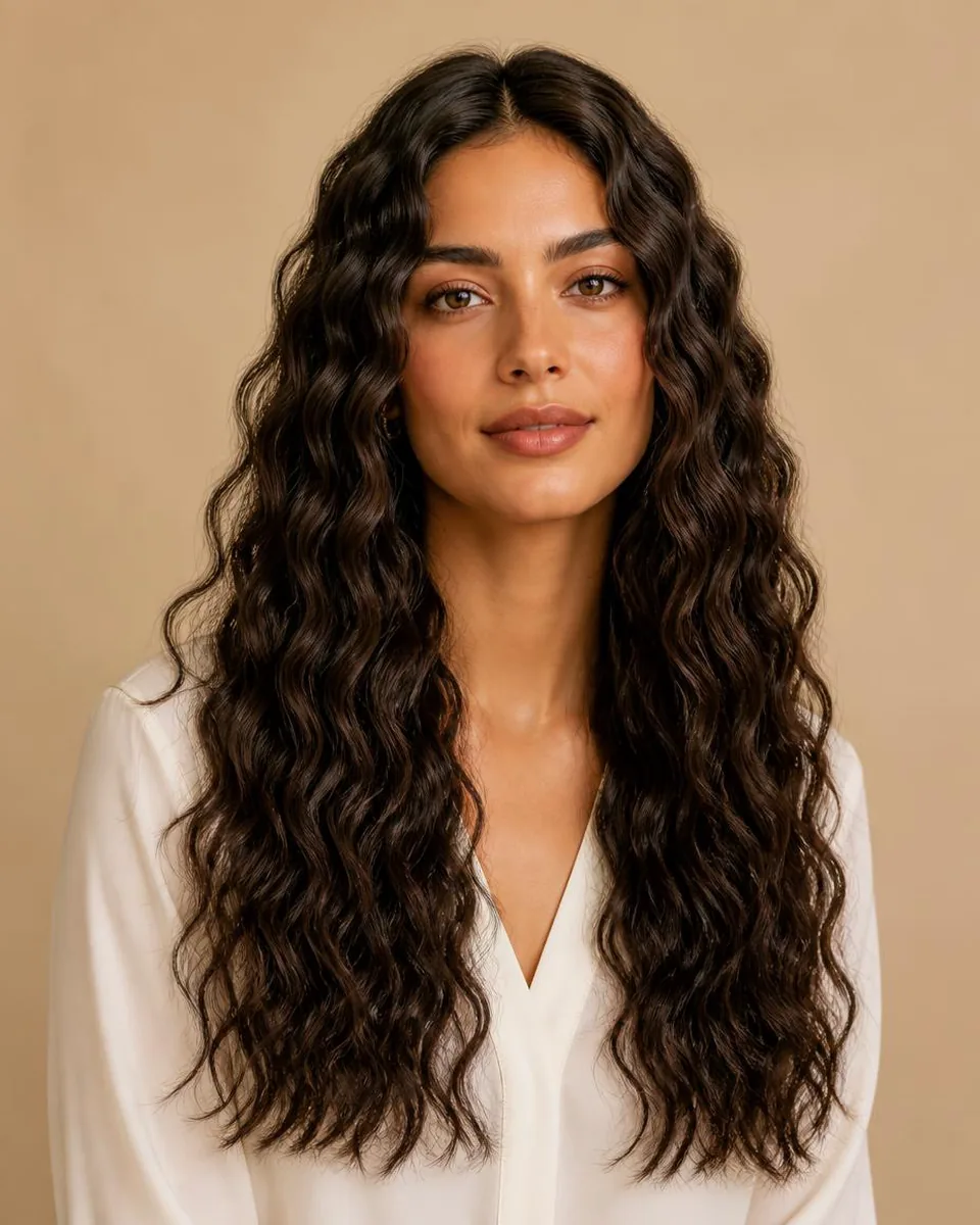 Woman with long dark brown deep wave hair with a pronounced repeating pattern, wearing a warm ivory blouse