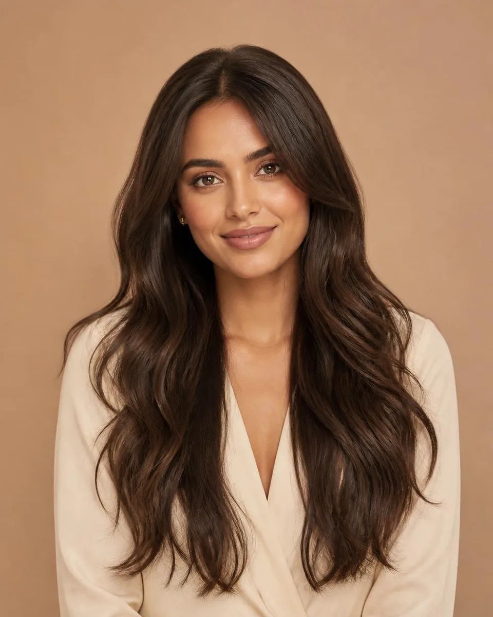 Woman with long dark brown loose wave hair with relaxed separated sections, wearing a warm ivory blouse