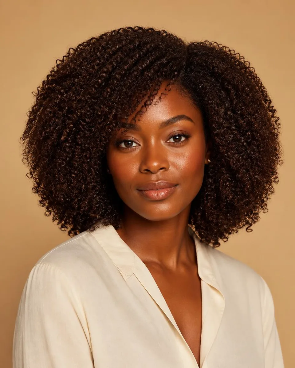 Woman with dark brown kinky curly hair with tight defined coils, wearing a warm ivory blouse