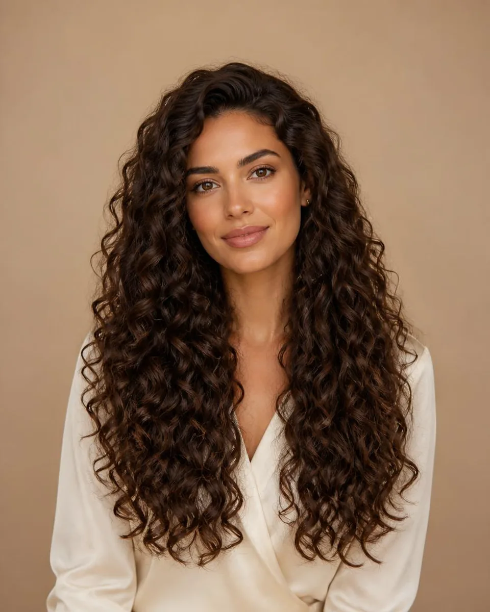 Woman with long dark brown curls with a full extended silhouette, wearing a warm ivory blouse