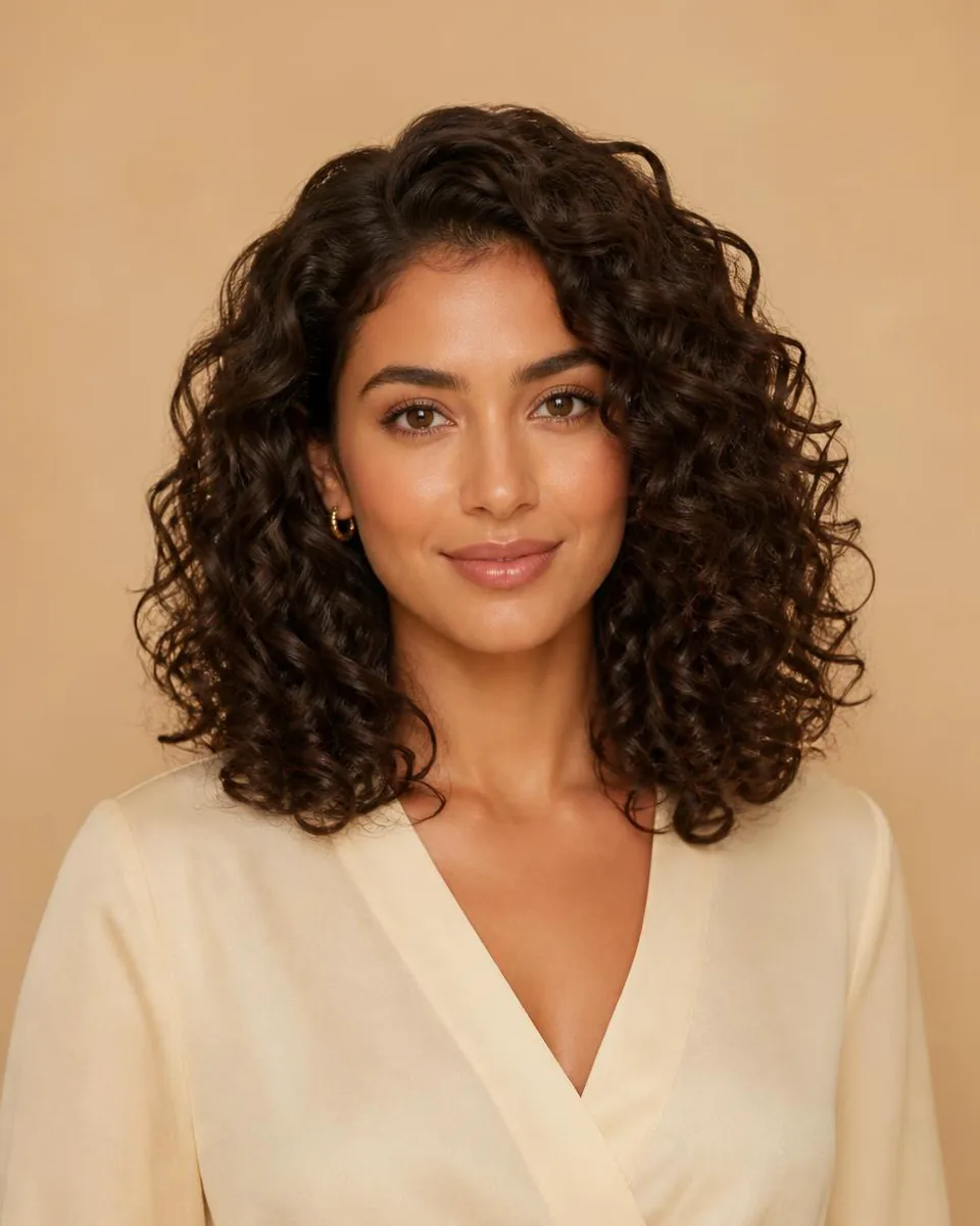Woman with medium-length dark brown curls with soft volume, wearing a warm ivory blouse