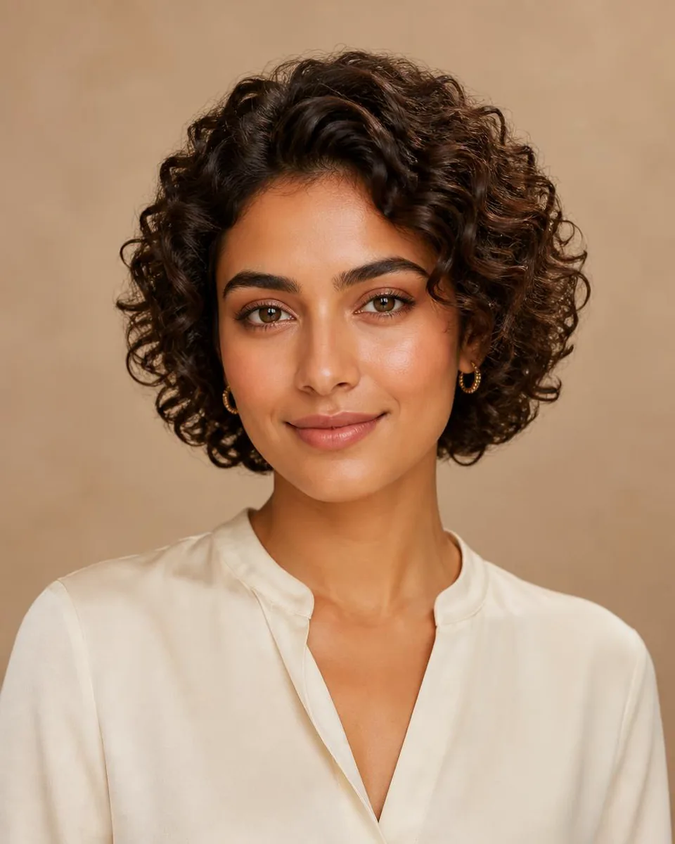 Woman with a dark brown short curly hairstyle with a rounded silhouette, wearing a warm ivory blouse