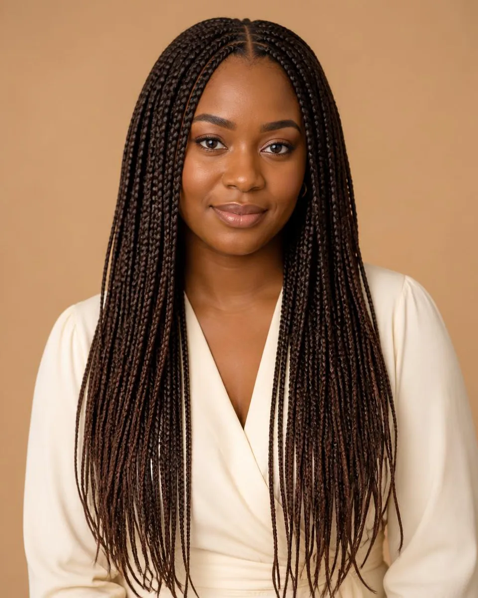 Woman with long dark brown goddess braids with defined sections, wearing a warm ivory blouse