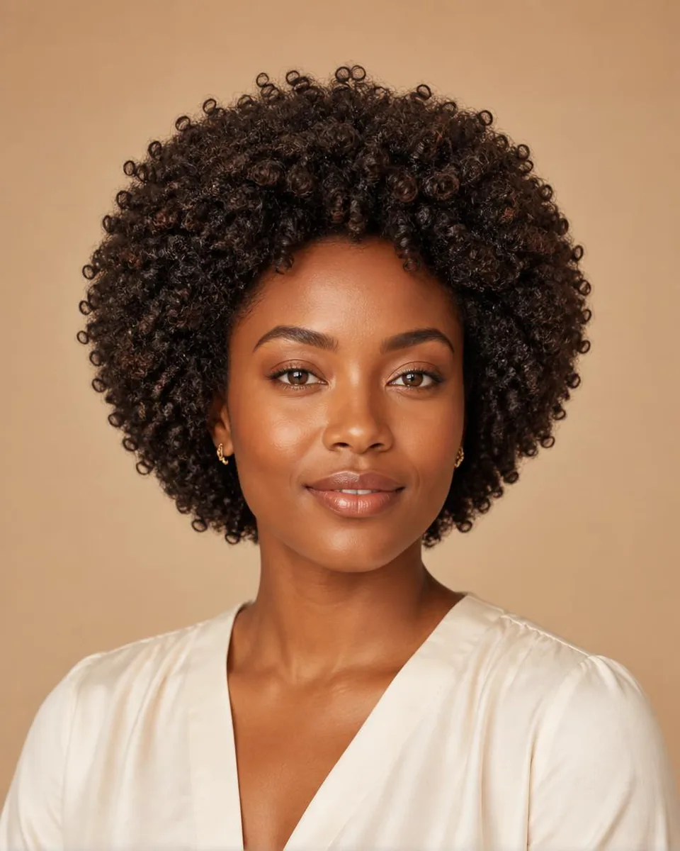 Black woman with a dark brown dense afro curly short crop, wearing a warm ivory blouse