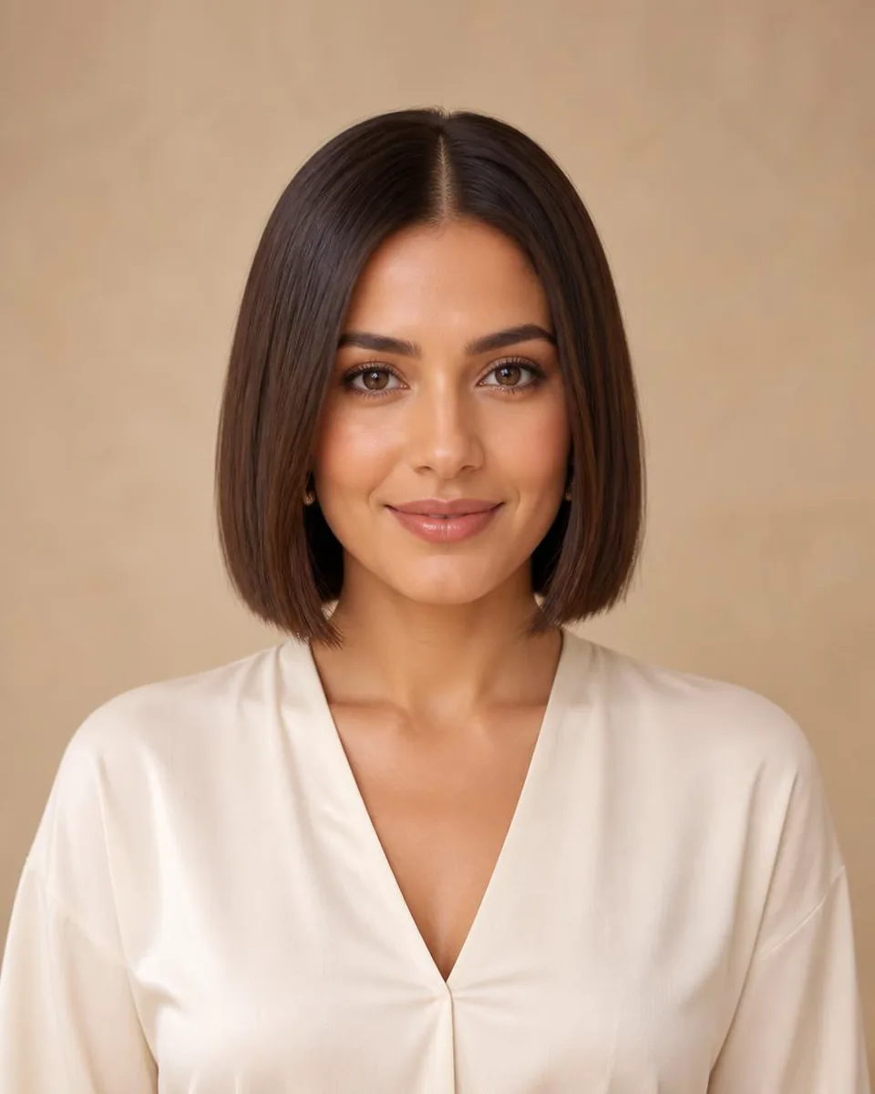 Woman with a dark brown chin-length sleek blunt bob, wearing a warm ivory blouse