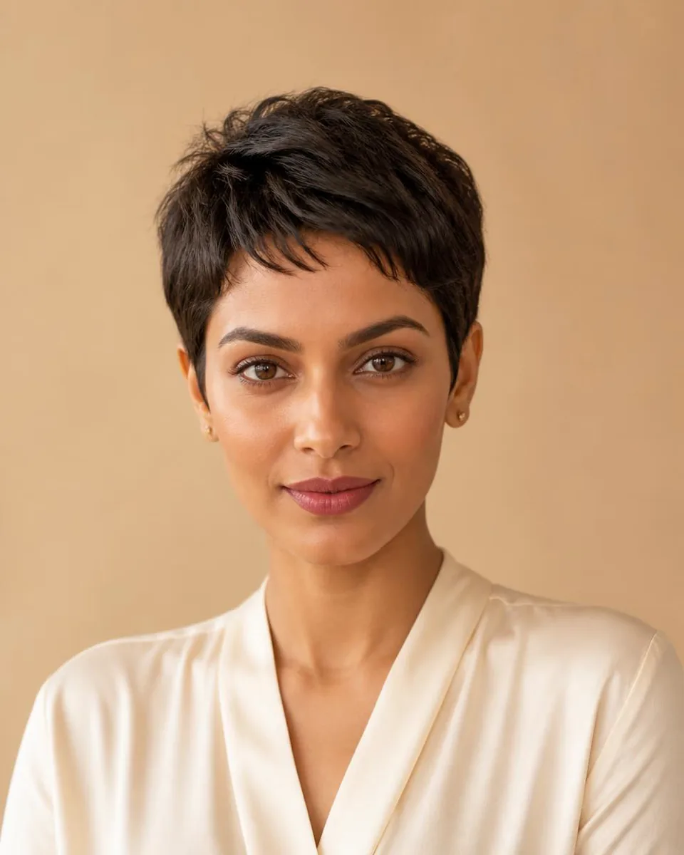 Woman with a dark brown textured short pixie cut, wearing a warm ivory blouse