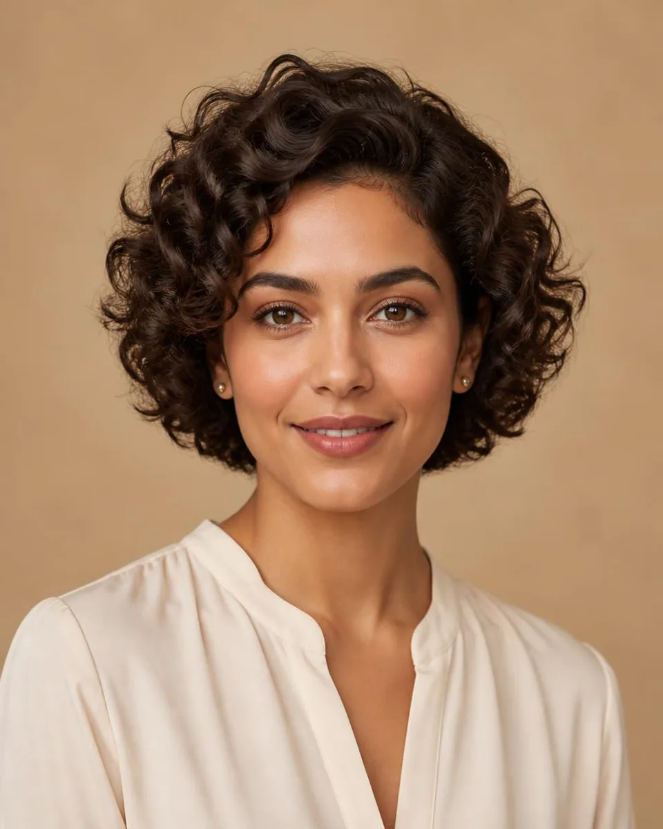 Woman with a dark brown short curly hairstyle with a full rounded silhouette, wearing a warm ivory blouse