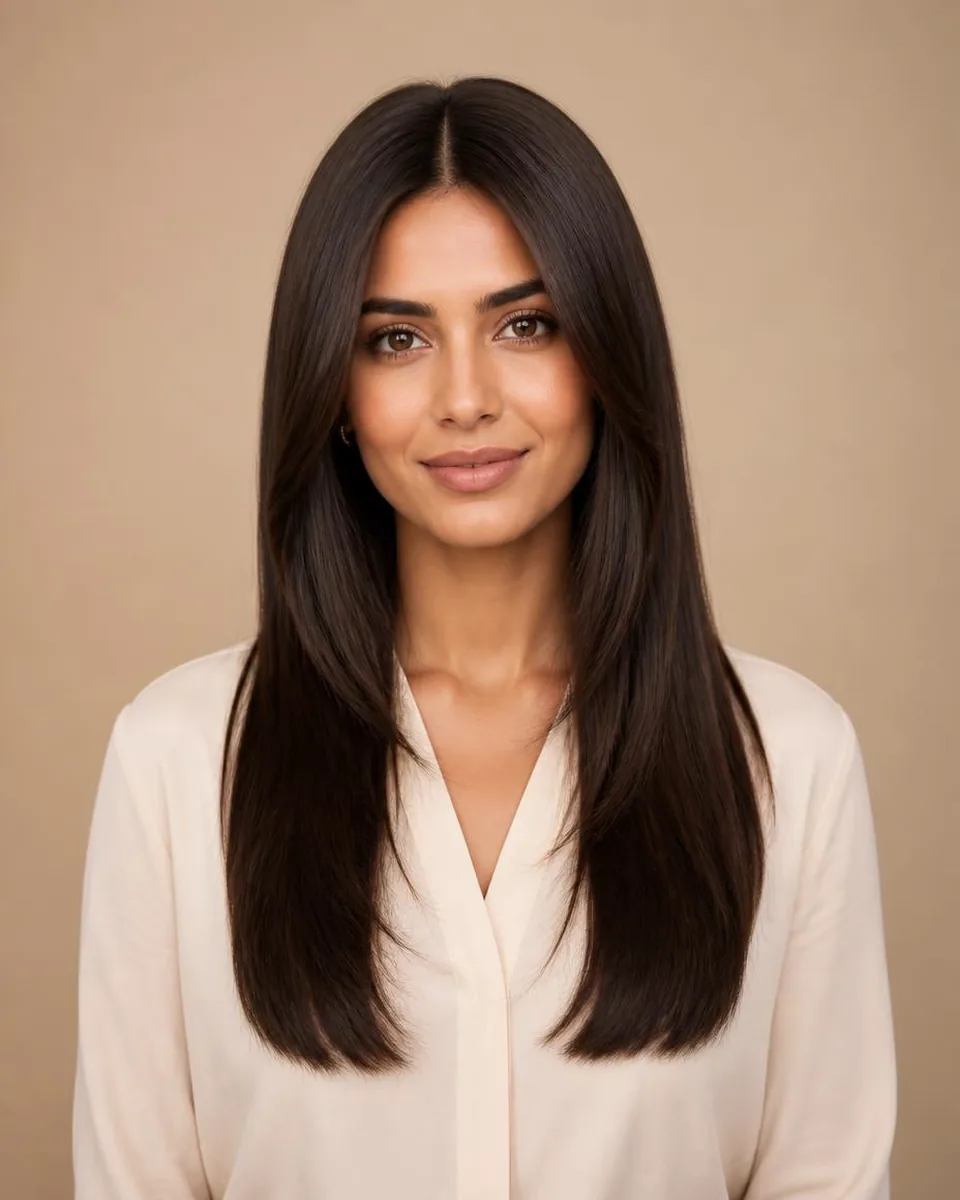 Woman with long dark brown straight hair with soft face-framing layers, wearing a warm ivory blouse