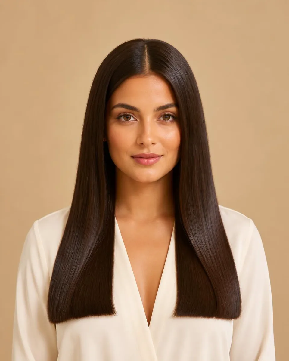 Woman with long sleek dark brown straight hair with a blunt edge, wearing a warm ivory blouse