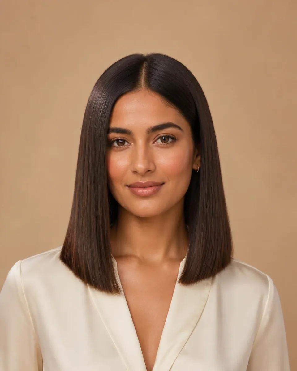 Woman with medium-length sleek dark brown straight hair with a blunt shoulder-length edge, wearing a warm ivory blouse