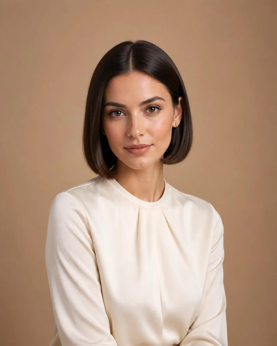 Woman with a dark brown short sleek straight hairstyle, wearing a warm ivory blouse