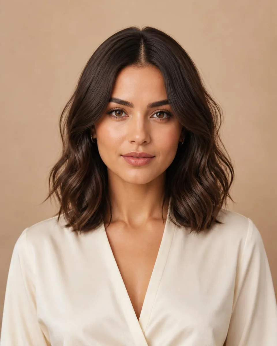 Woman with a dark brown wavy lob with soft S-shaped bends, wearing a warm ivory blouse