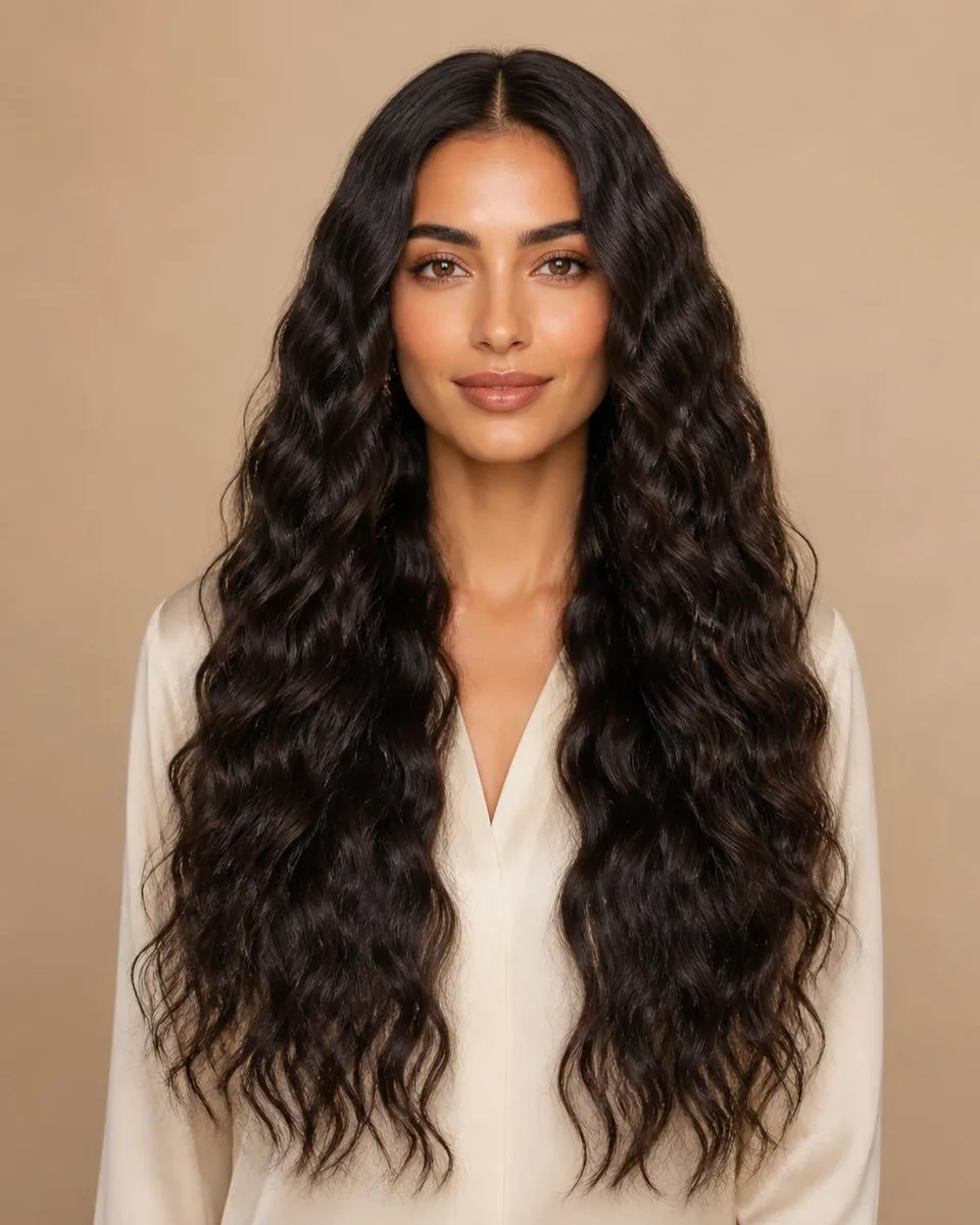 Woman with extra-long dark brown water wave hair and a glossy rippled texture, wearing a warm ivory blouse