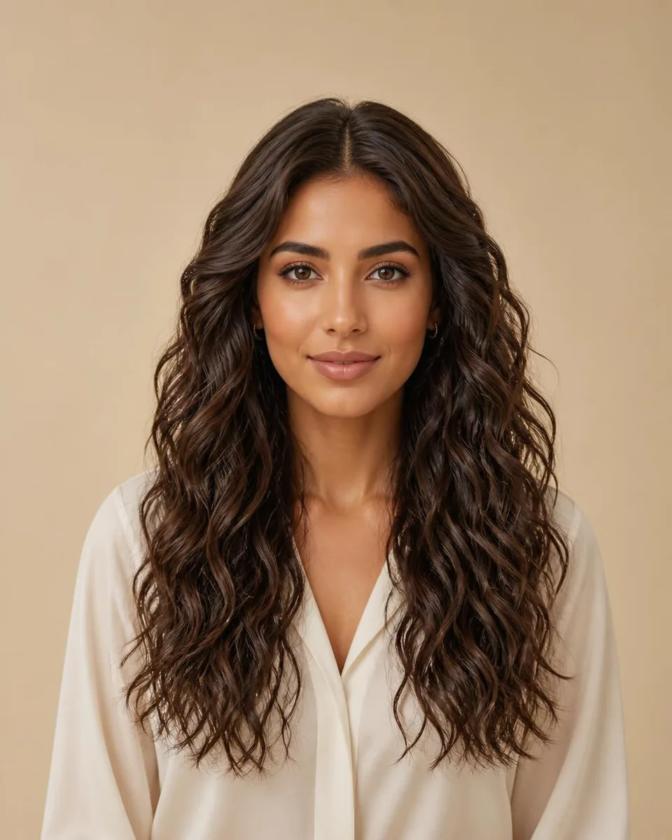 Woman with long dark brown water wave hair and a glossy rippled texture, wearing a warm ivory blouse