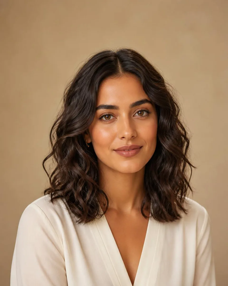 Woman with medium-length dark brown water wave hair and a glossy rippled texture, wearing a warm ivory blouse