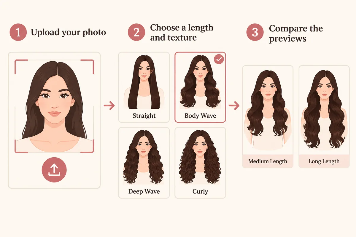 Three-step illustration of uploading a portrait photo, choosing a length and texture and comparing long hair previews on the same face