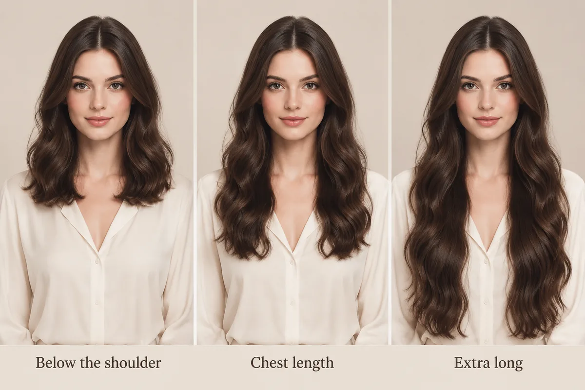 Three-panel comparison of the same model with body wave hair ending below the shoulder, at the chest and extra long