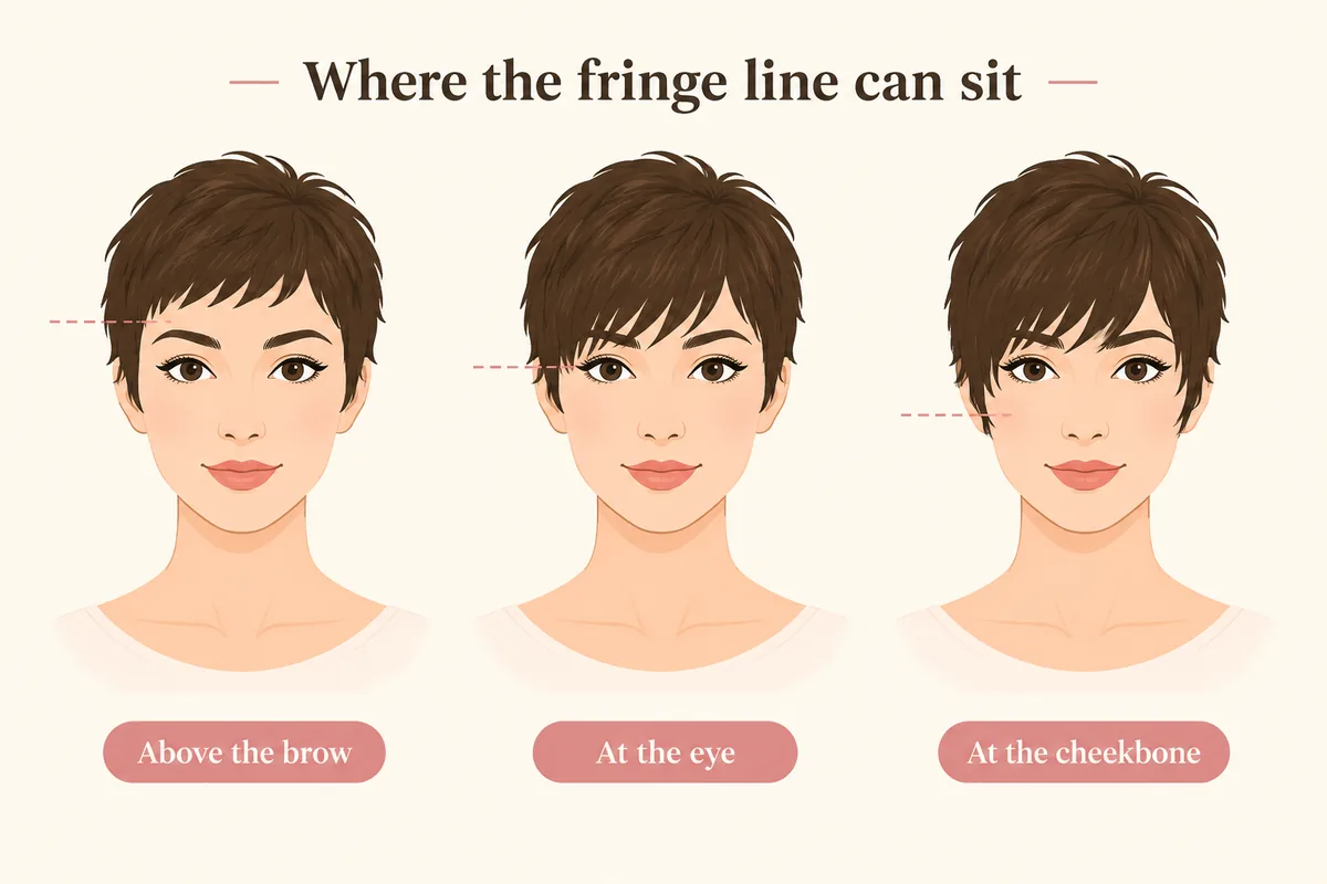 Labelled diagram comparing pixie fringe lines that end above the brow, at the eye and at the cheekbone
