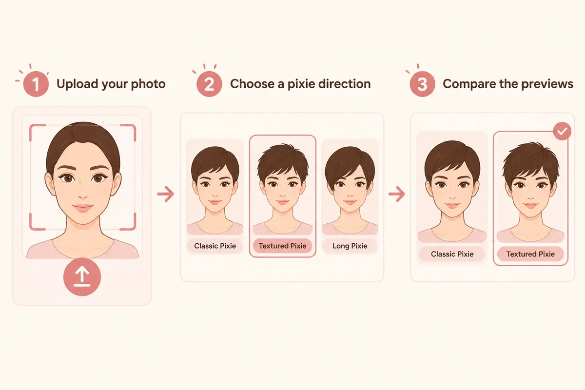 Three-step illustration of uploading a portrait photo, choosing a pixie direction and comparing pixie previews on the same face