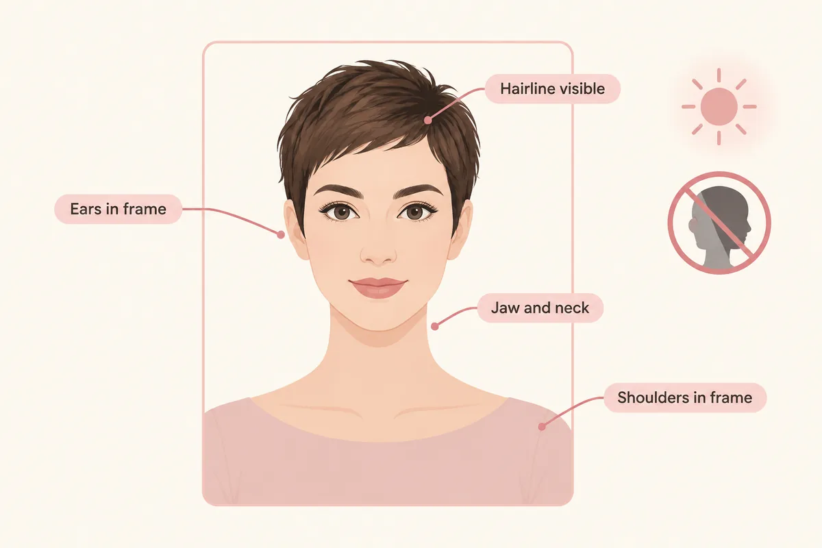Illustration of a front-facing portrait framed so the hairline, ears, jawline and neck stay visible for a pixie cut preview