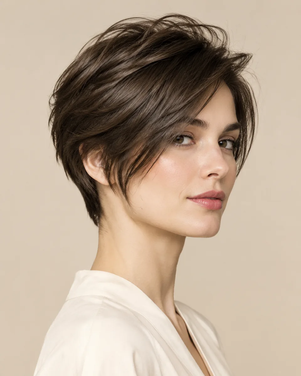 Adult model with a long pixie cut, longer front pieces reaching the cheekbone and a short back
