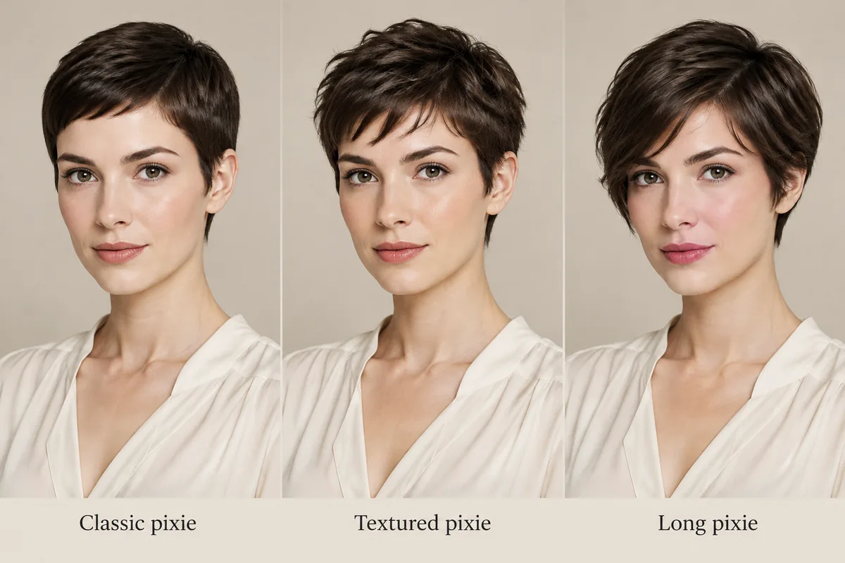 Three-panel comparison of the same model with a classic pixie, a textured pixie and a long pixie in dark brown hair