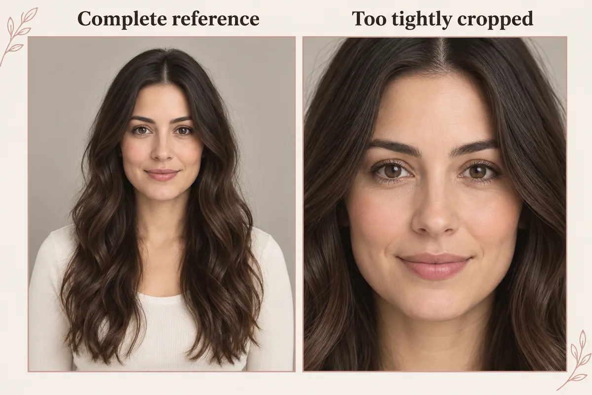 Same brown wavy hairstyle shown with the full crown and ends on the left and a tight face crop on the right