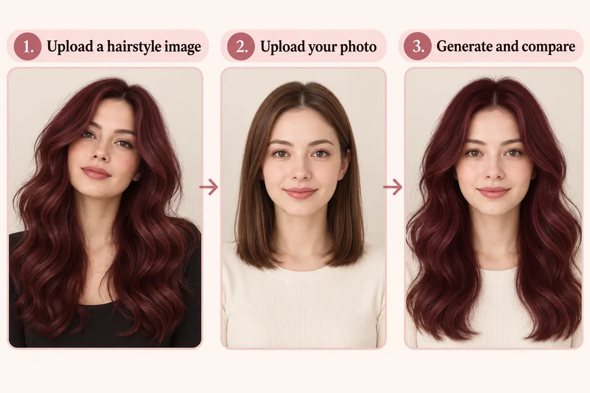 Three-step reference try-on illustration: upload a hairstyle image, upload your photo, then generate and compare