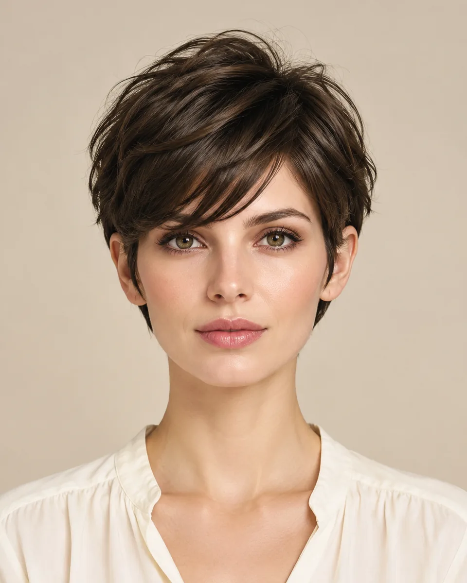 Adult model with a textured dark brown bixie cut and a long side-swept bang over the forehead