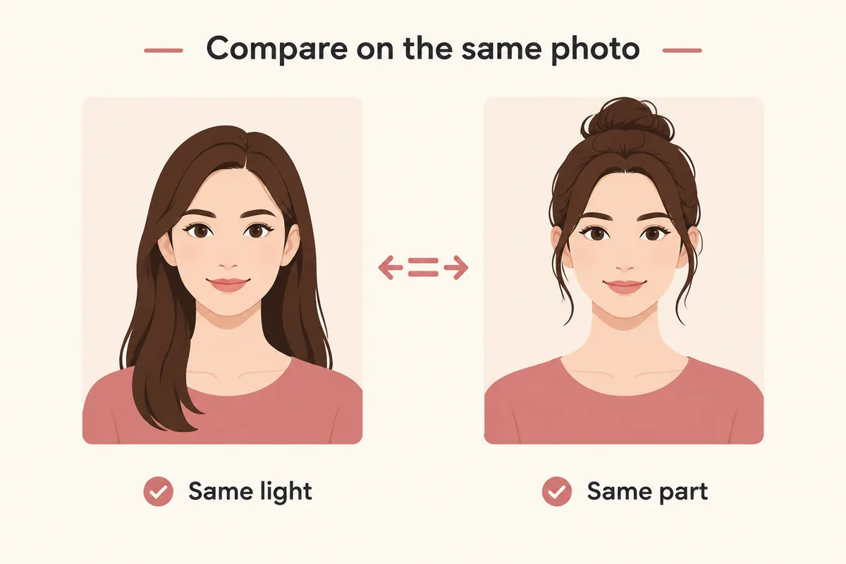 Diagram showing two hairstyle previews compared on the same photo with the same light and the same part