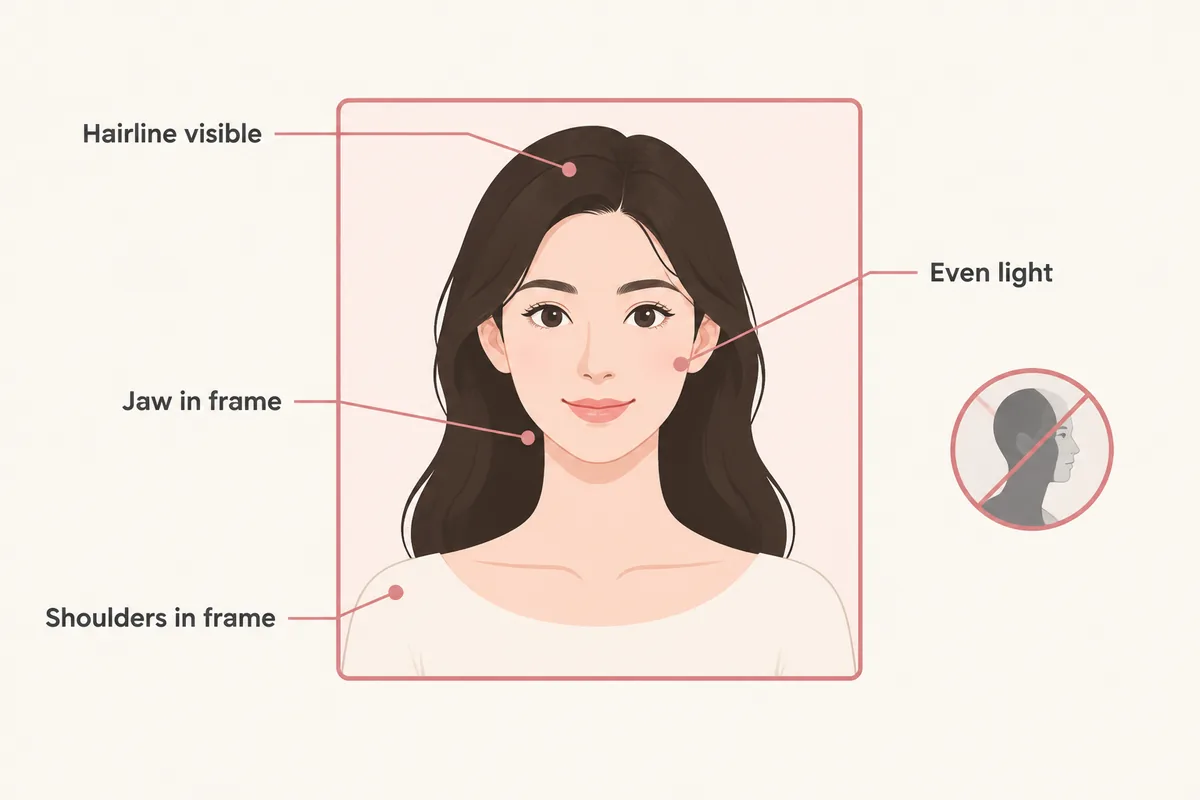 Illustration of a front-facing portrait framed with the hairline, jawline and shoulders visible for a hairstyle preview
