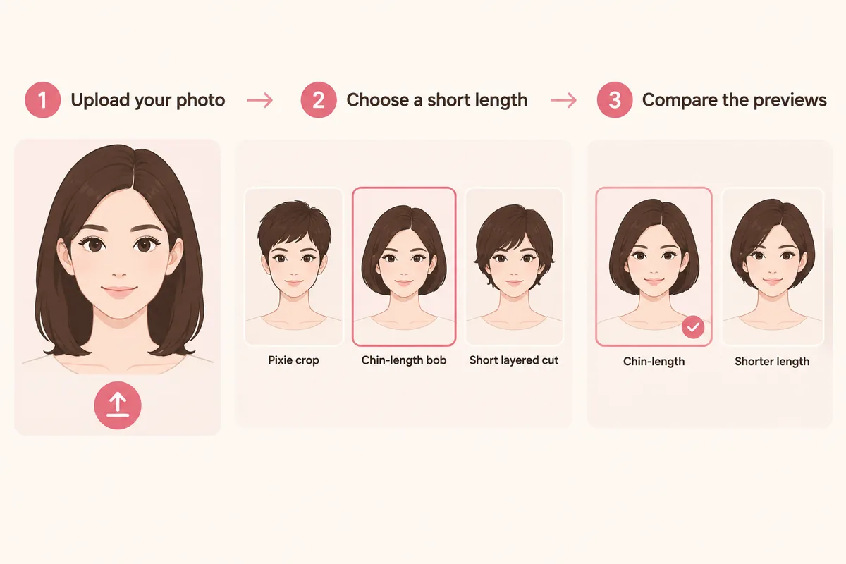 Three-step illustration of uploading a portrait photo, choosing a short wig length and comparing short previews on the same face