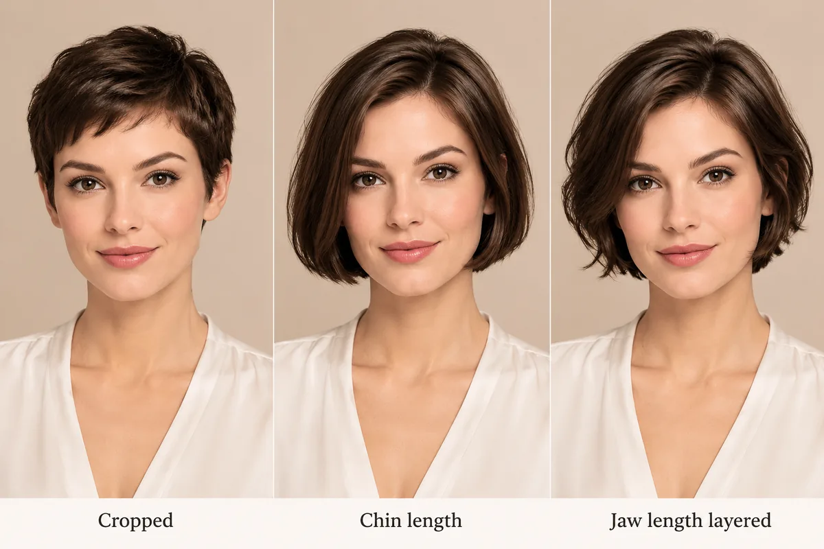 Three-panel comparison of the same model with a cropped pixie, a chin-length bob and a jaw-length layered cut