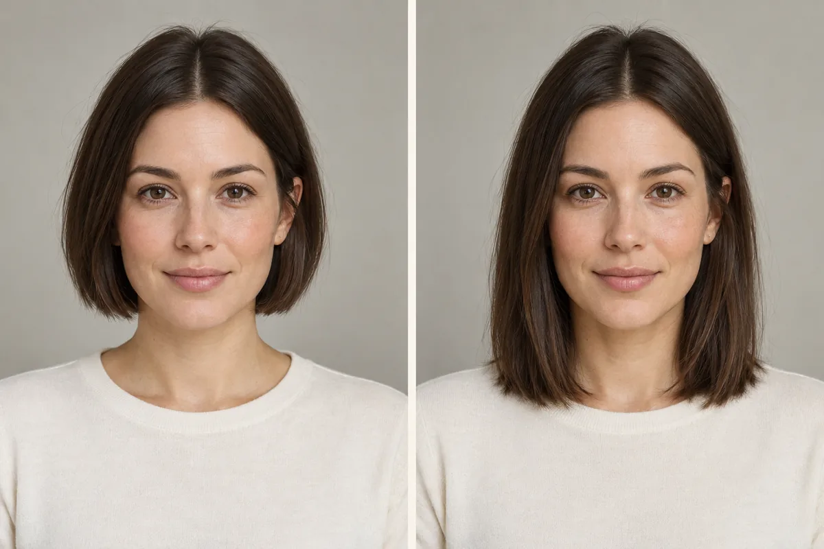 Same woman with a brown chin-length bob on the left and a longer brown lob on the right