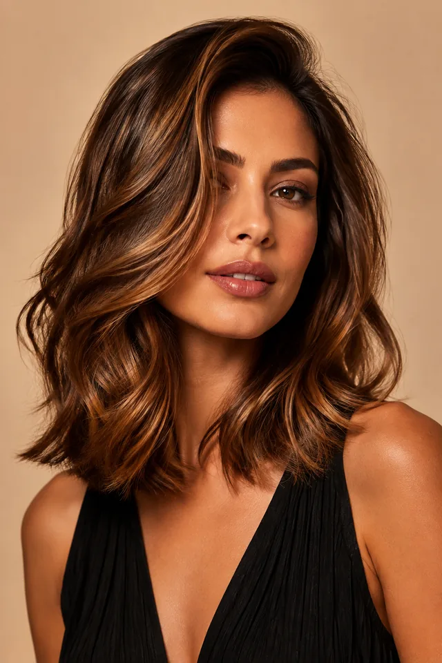 Woman with a caramel-brown wavy lob and side-swept front layers
