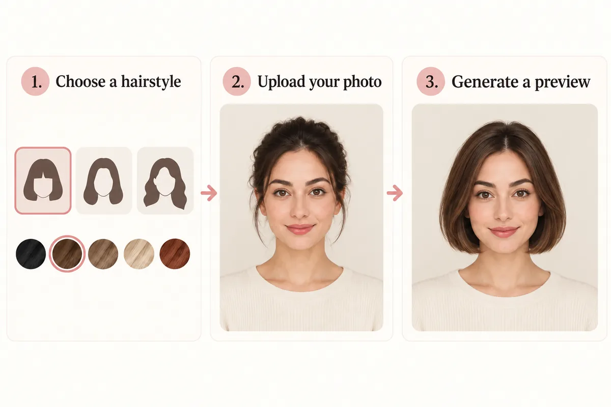 Three-step illustration: select one hairstyle and color, upload your photo, then generate one preview