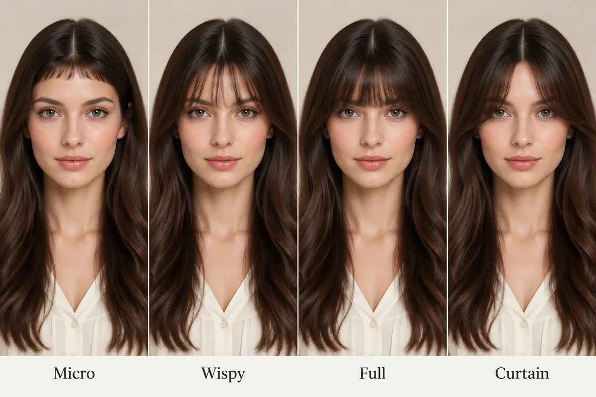 Four-panel comparison of the same model with a micro fringe, wispy bangs, full bangs and curtain bangs