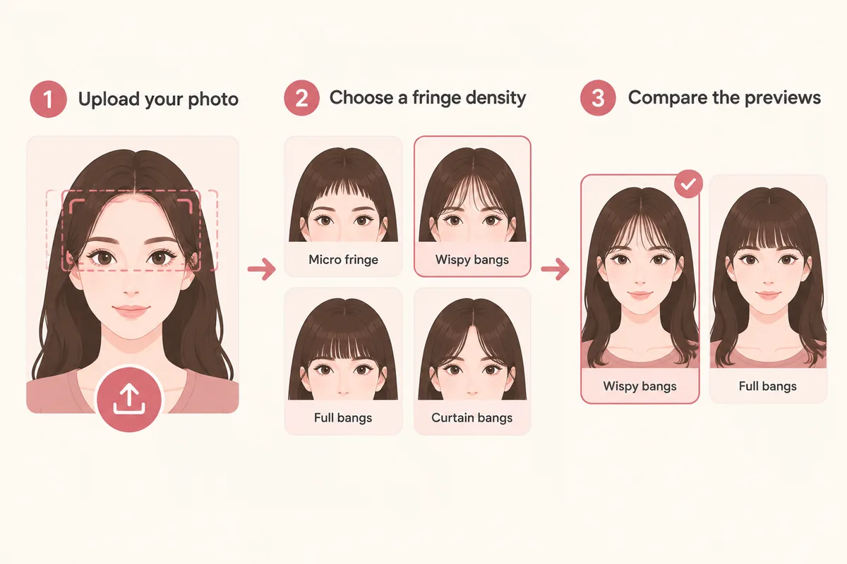 Three-step illustration of uploading a portrait photo, choosing a fringe density and comparing fringe previews on the same face