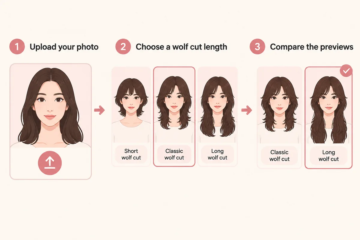 Three-step illustration of uploading a portrait photo, choosing a wolf cut length and comparing wolf cut previews on the same face