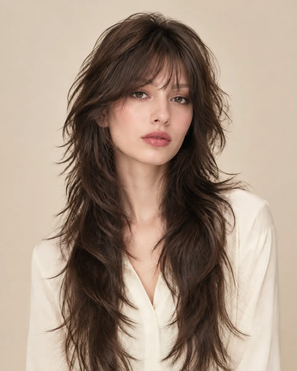Adult model with a long dark brown wolf cut with choppy layers through the length