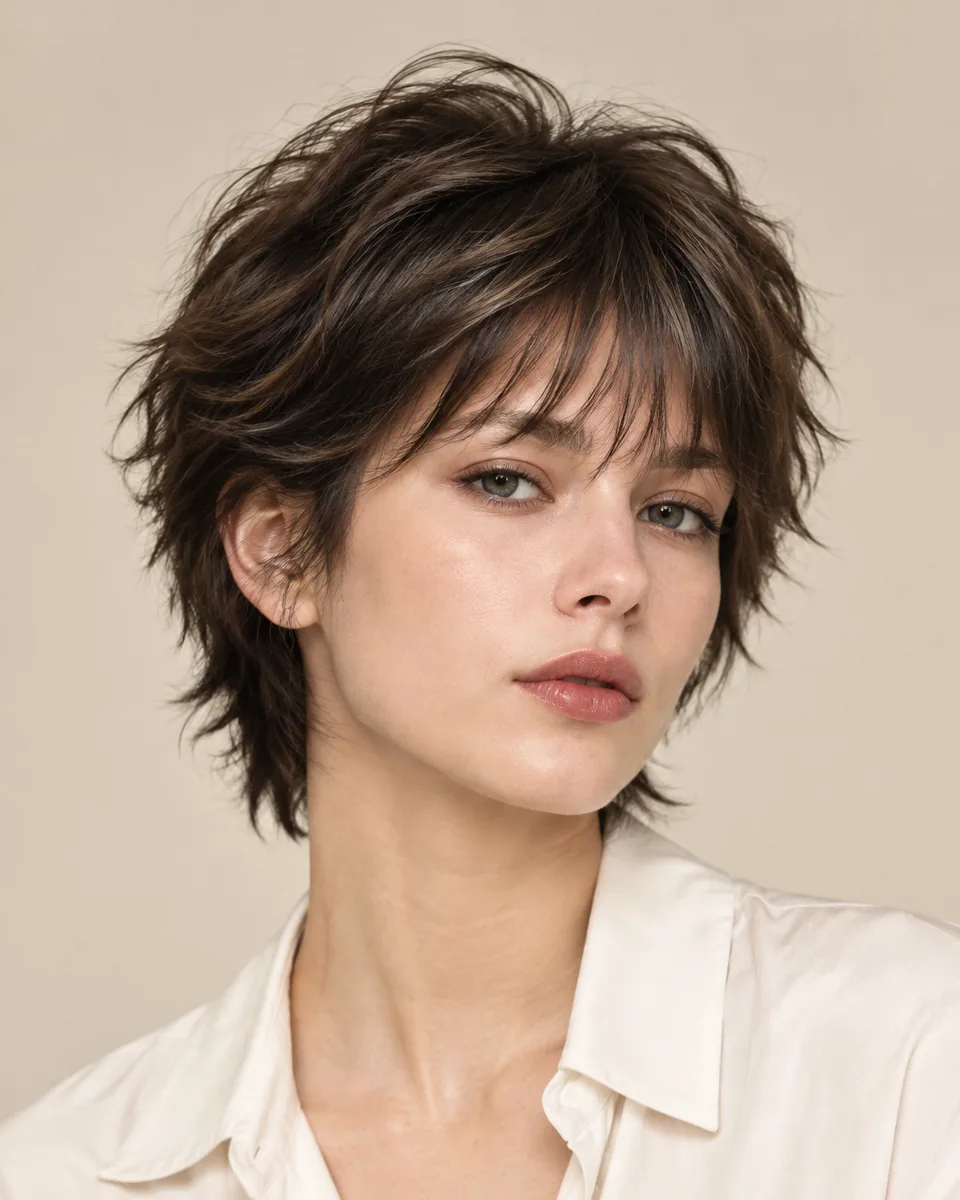 Adult model with a short dark brown wolf cut with choppy tapered ends and wispy bangs