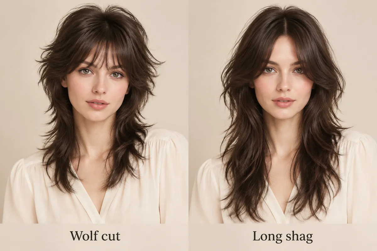 Two-panel comparison of the same model with a wolf cut with wispy bangs and a long shag with curtain bangs
