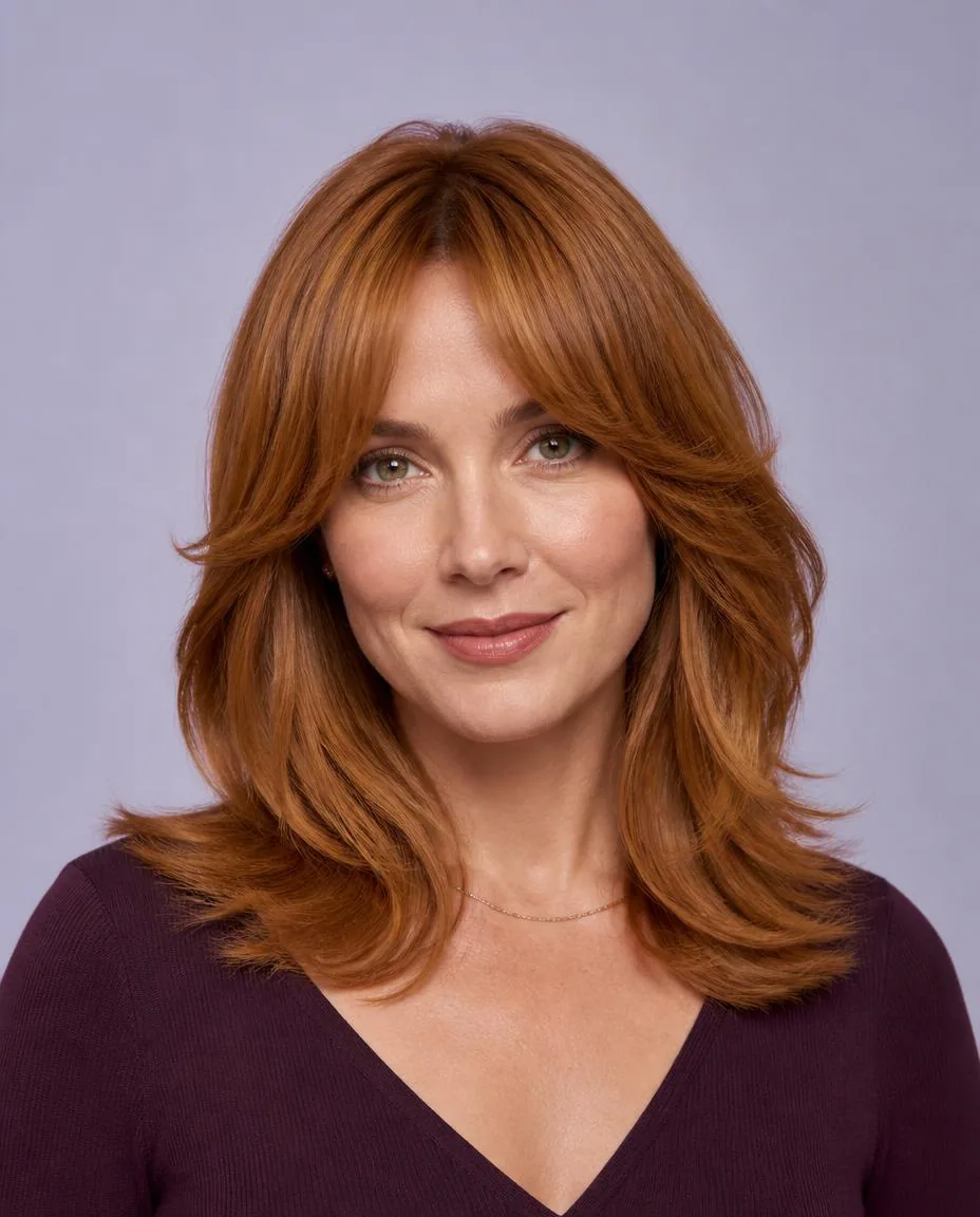 Copper auburn hair with short center-parted curtain bangs framing the eyes