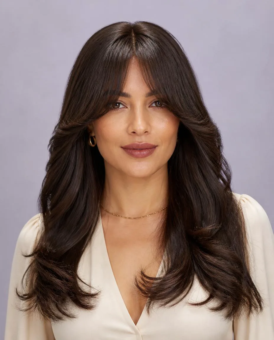 Dark chocolate long hair with full curtain bangs and a narrow center opening