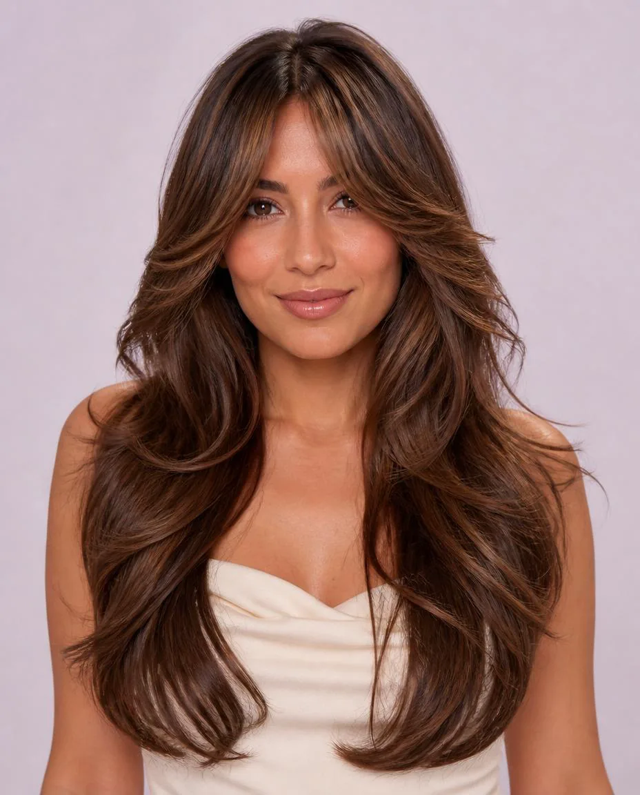 Extra-long chestnut butterfly layers with curtain bangs blending through the haircut