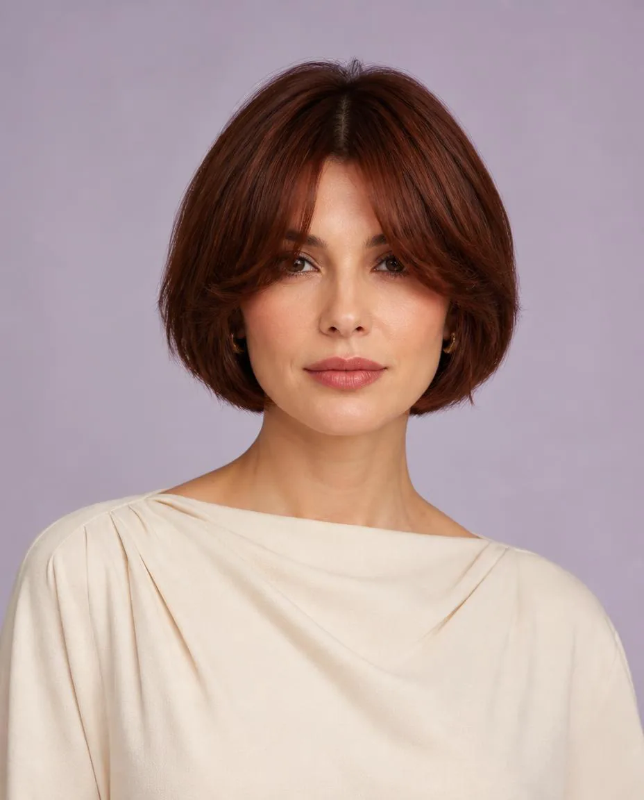 Dark auburn bob with center-parted curtain bangs and a complete jaw-length perimeter