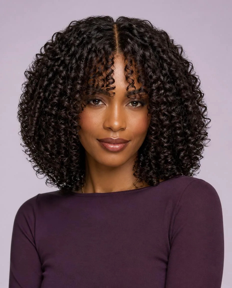 Shoulder-length espresso curls with curly curtain bangs and a visible center opening