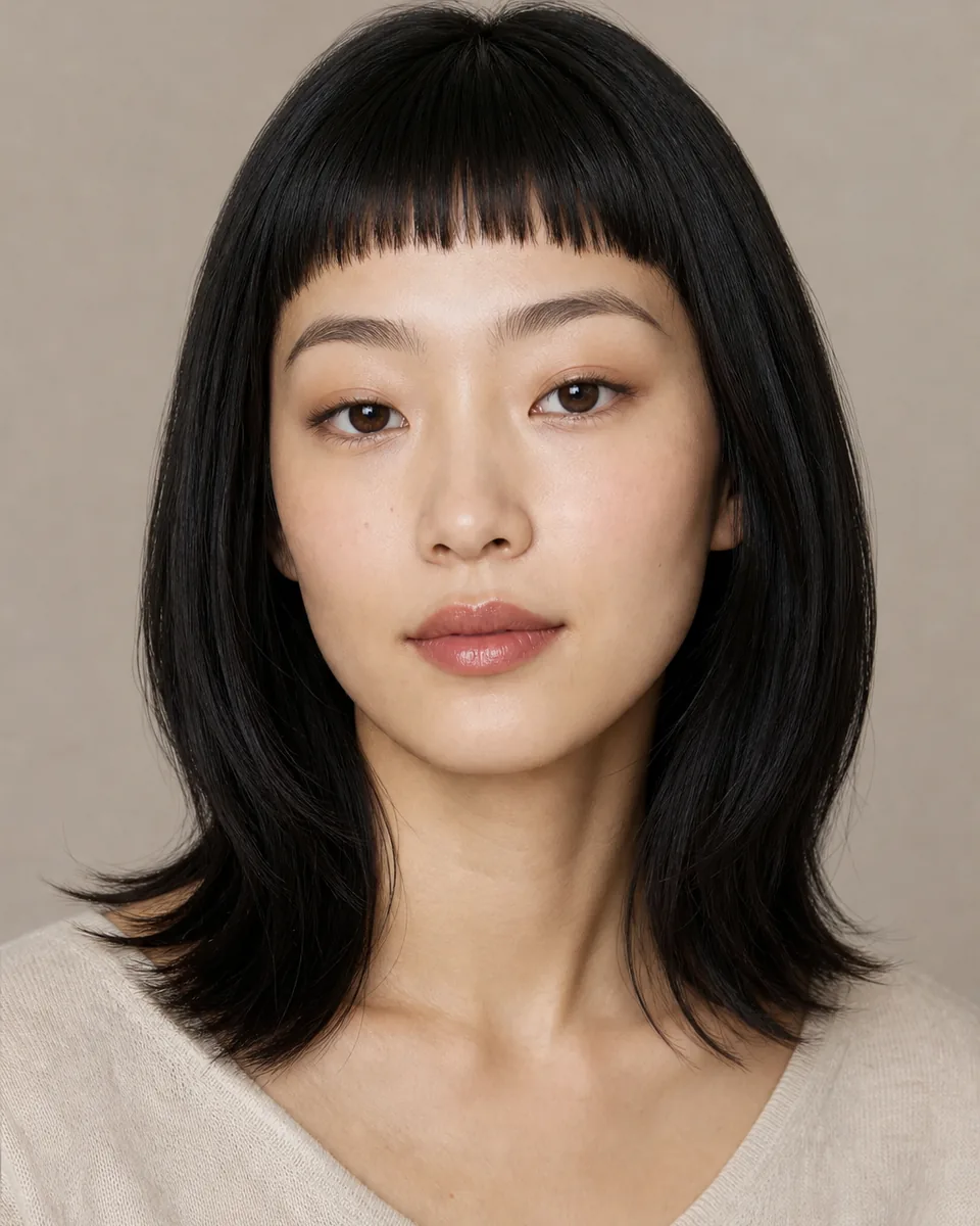 Adult woman with classic straight micro bangs sitting clearly above the eyebrows