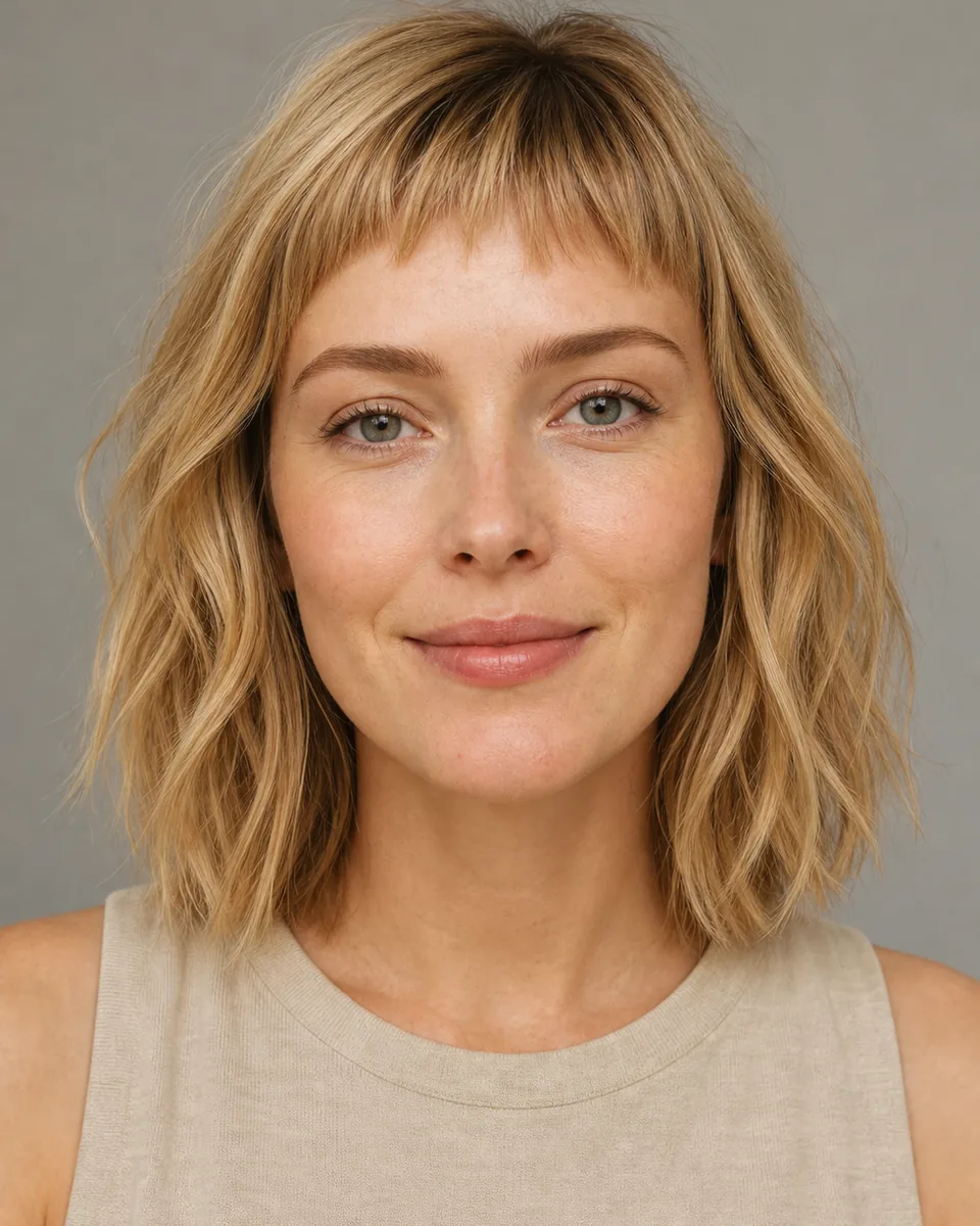 Adult woman with short softly textured micro bangs above the eyebrows